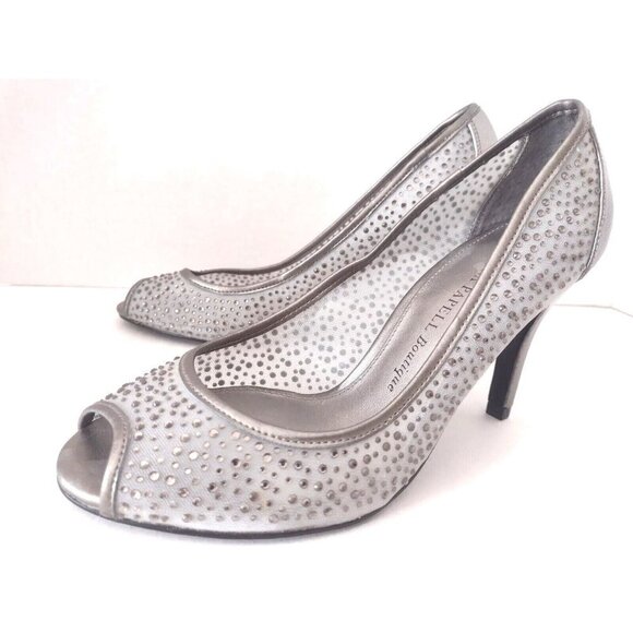Adrianna Papell Boutique Silver Stiletto Heels Size 6 M Peep Holiday Rhinestone - Picture 1 of 10